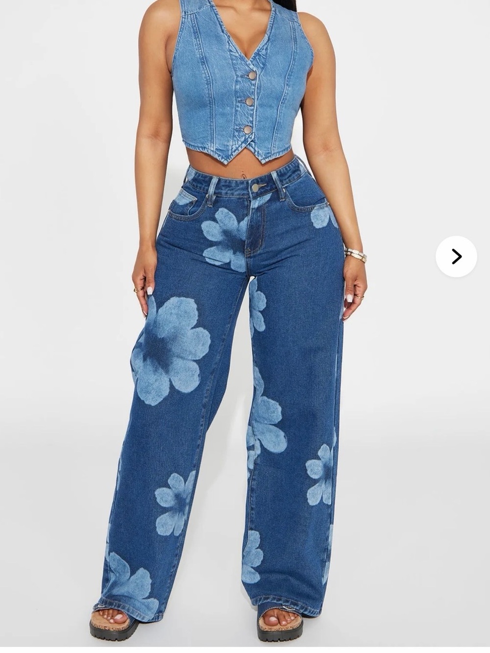 Denim Wide-Leg Jeans with Floral Wash - Blue